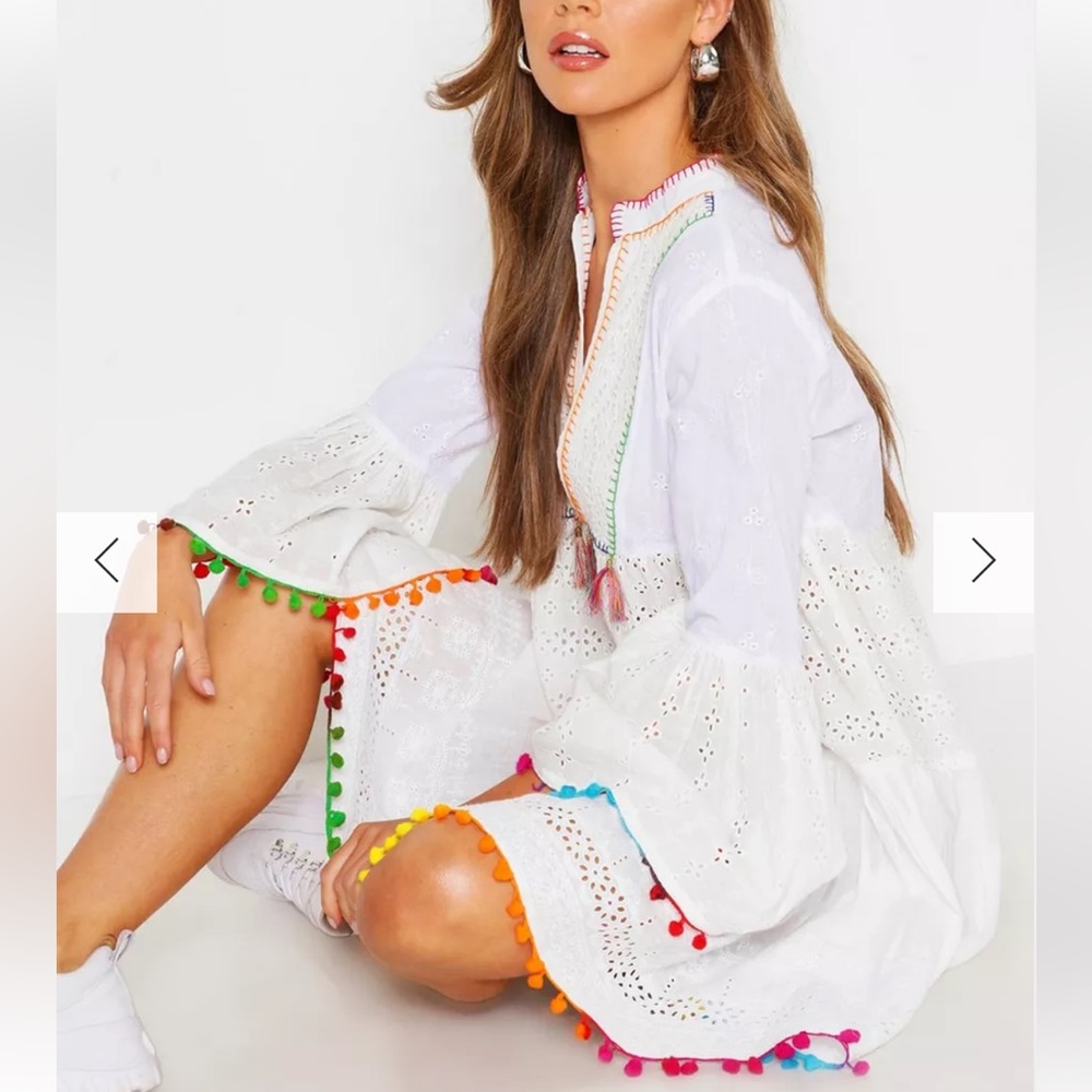 FLAW Boohoo Pom Pom Trim Eyelet Embroidery Boho White Prairie Dress 12